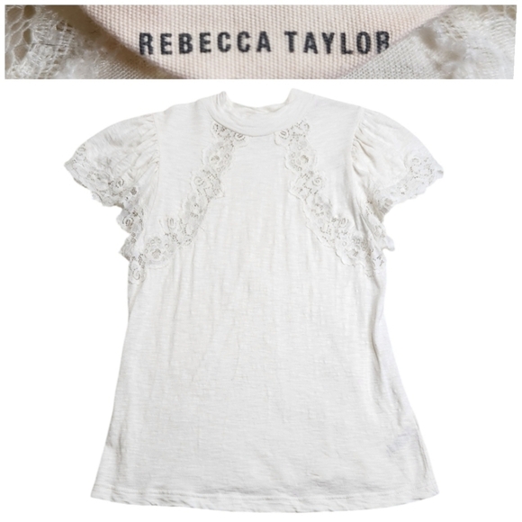 REBECCA TAYLOR Lace-trimmed wool blend Jersey Top Ivory/Milk | Coquette Girlcore - Picture 1 of 9